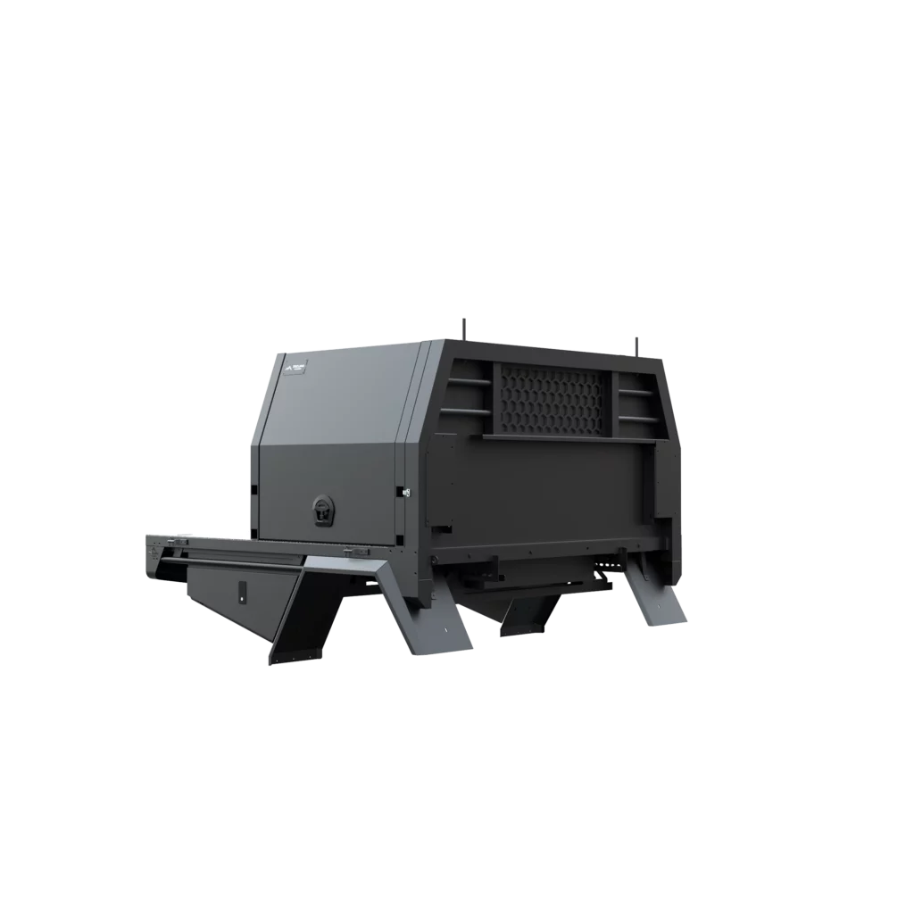 Trojan Canopies 1000mm aluminium canopy, drivers side with doors closed, front view.