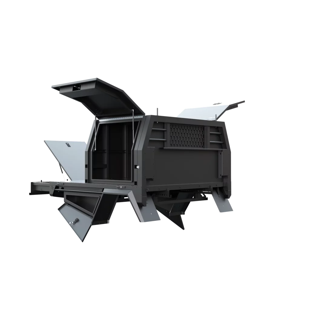 Trojan Canopies 1000mm aluminium canopy, drivers side with doors open, front view.