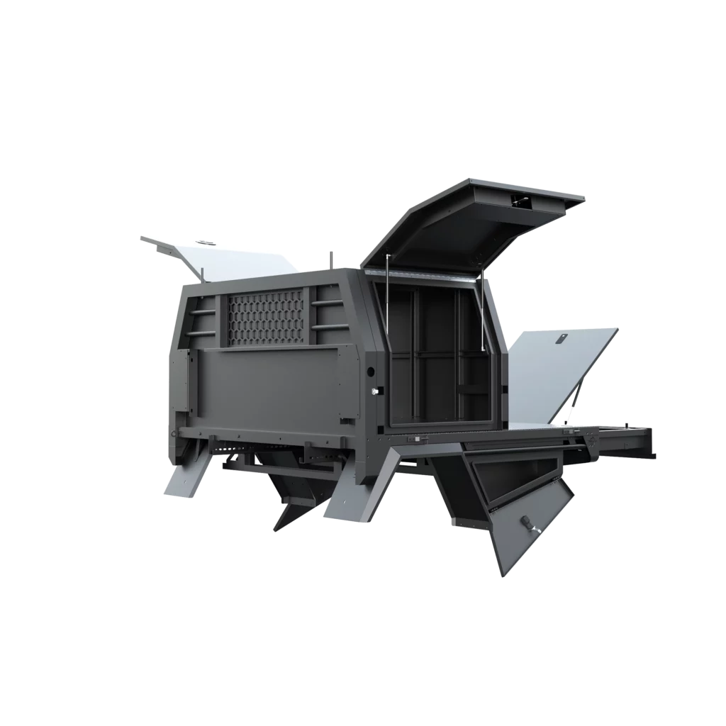 Trojan Canopies 1000mm aluminium canopy, passenger side with doors open, front view.