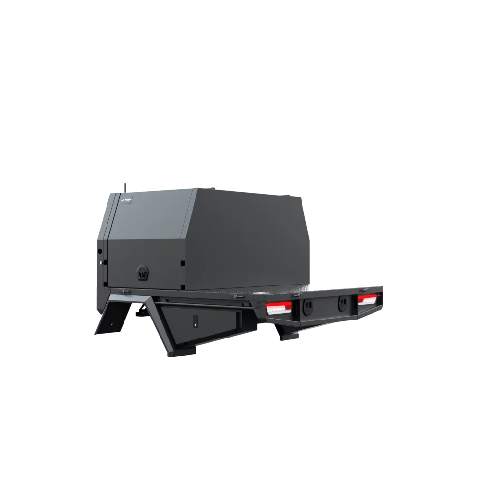 Trojan Canopies 1000mm aluminium canopy, passenger side with doors closed, rear view.