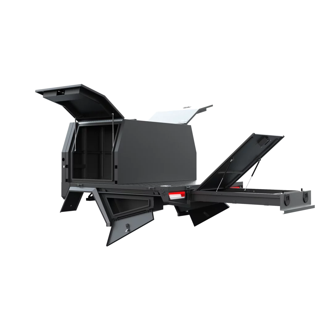 Trojan Canopies 1000mm aluminium canopy, passenger side with doors open, rear view.