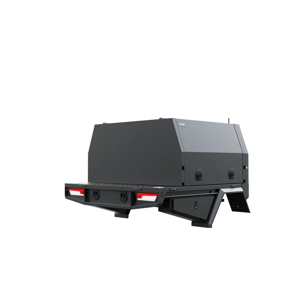 Trojan Canopies 1400mm aluminium canopy, drivers side with doors closed, rear view.