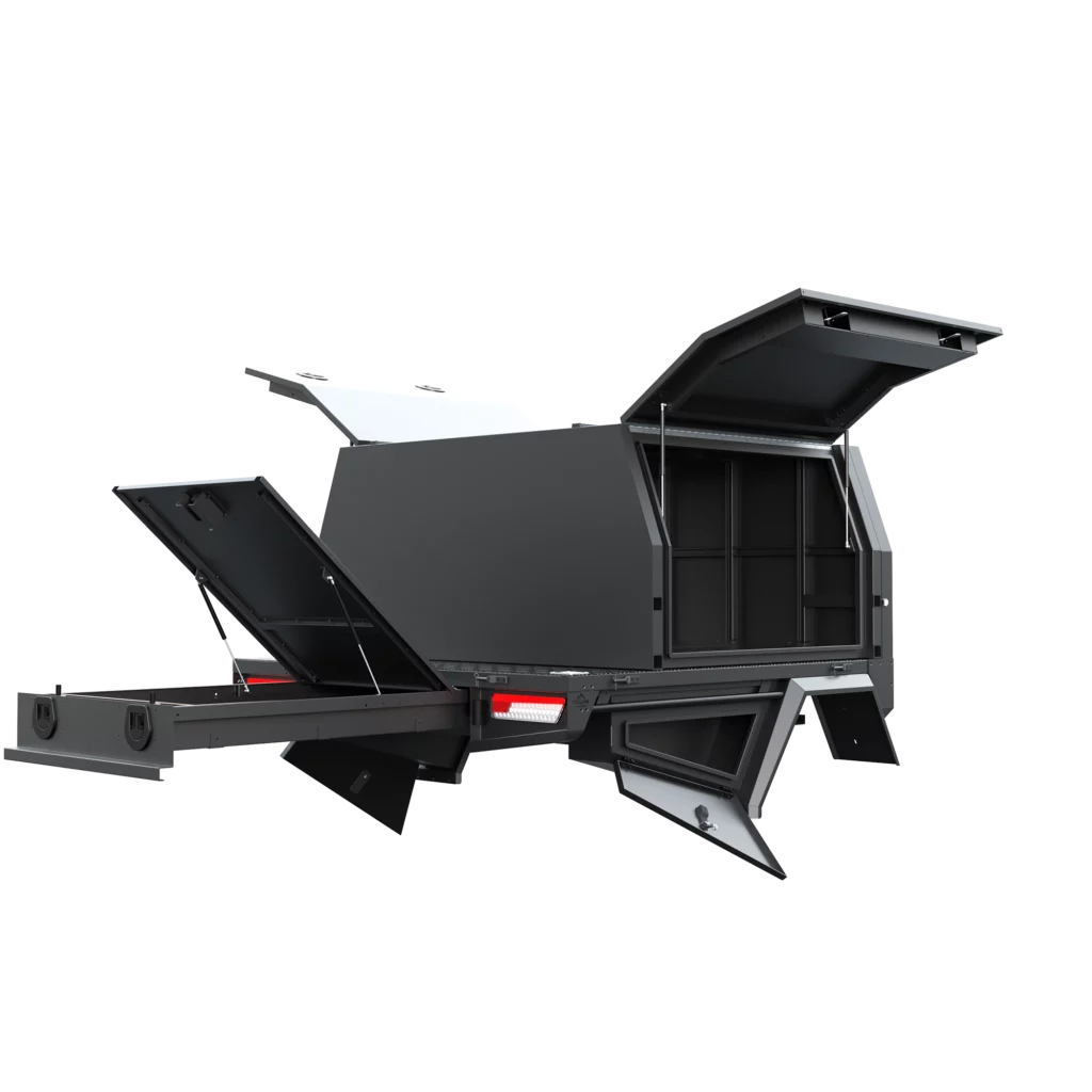 Trojan Canopies 1400mm aluminium canopy, drivers side with doors open, rear view.