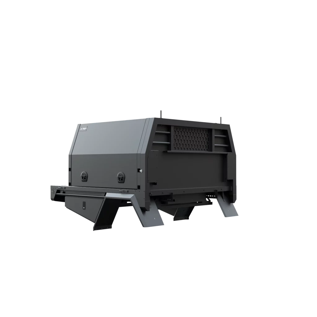 Trojan Canopies 1400mm aluminium canopy, drivers side with doors closed, front view.
