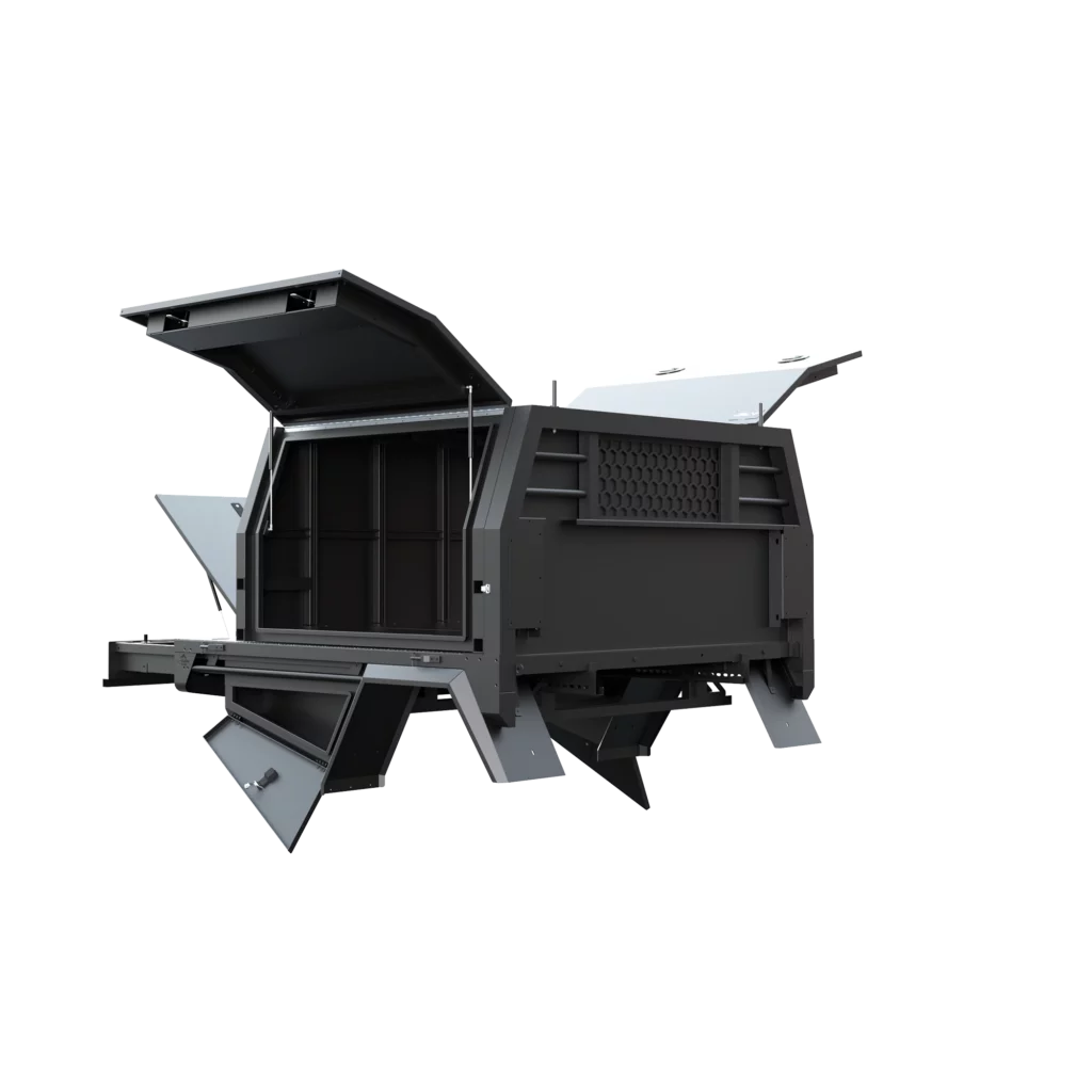 Trojan Canopies 1400mm aluminium canopy, drivers side with doors open, front view.
