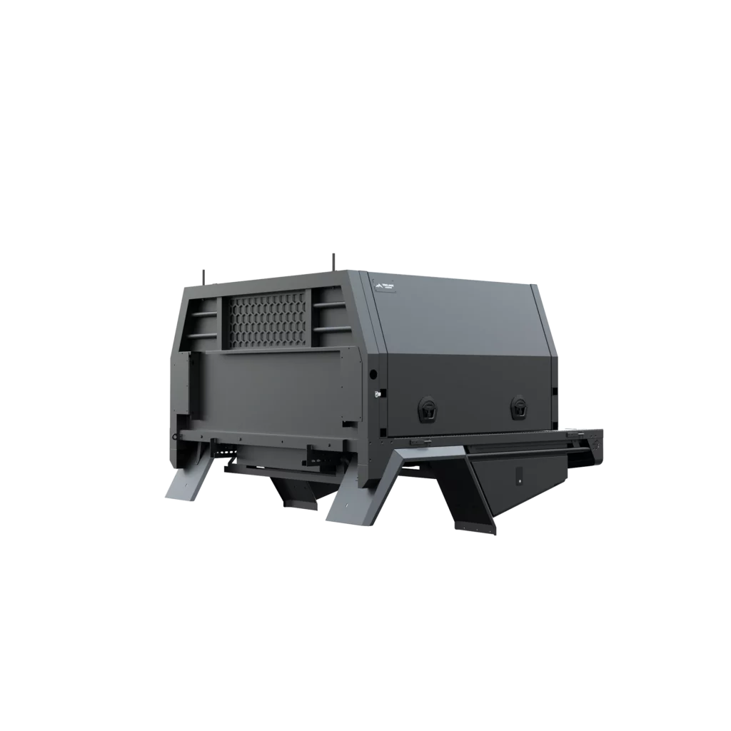 Trojan Canopies 1400mm aluminium canopy, drivers side with doors closed, front view.