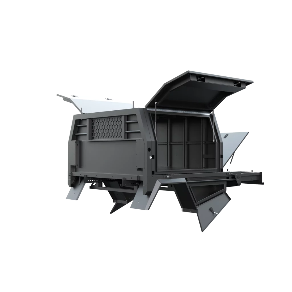 Trojan Canopies 1400mm aluminium canopy, drivers side with doors open, front view.