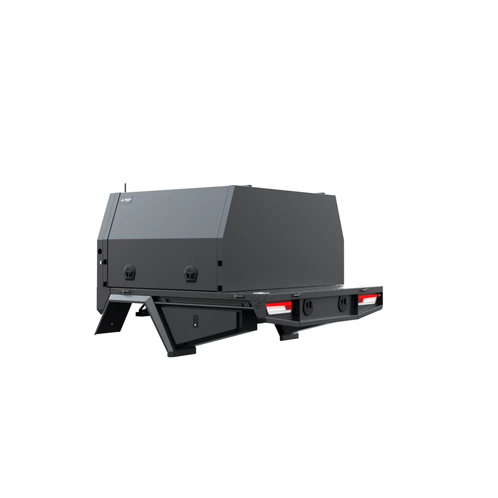 Trojan Canopies 1400mm aluminium canopy, passenger side with doors closed, rear view.