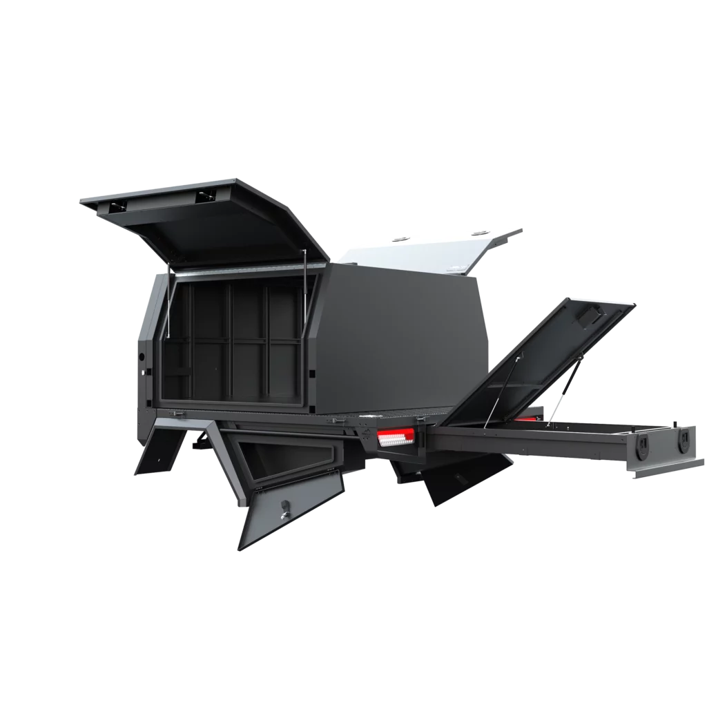Trojan Canopies 1400mm aluminium canopy, passenger side with doors open, rear view.