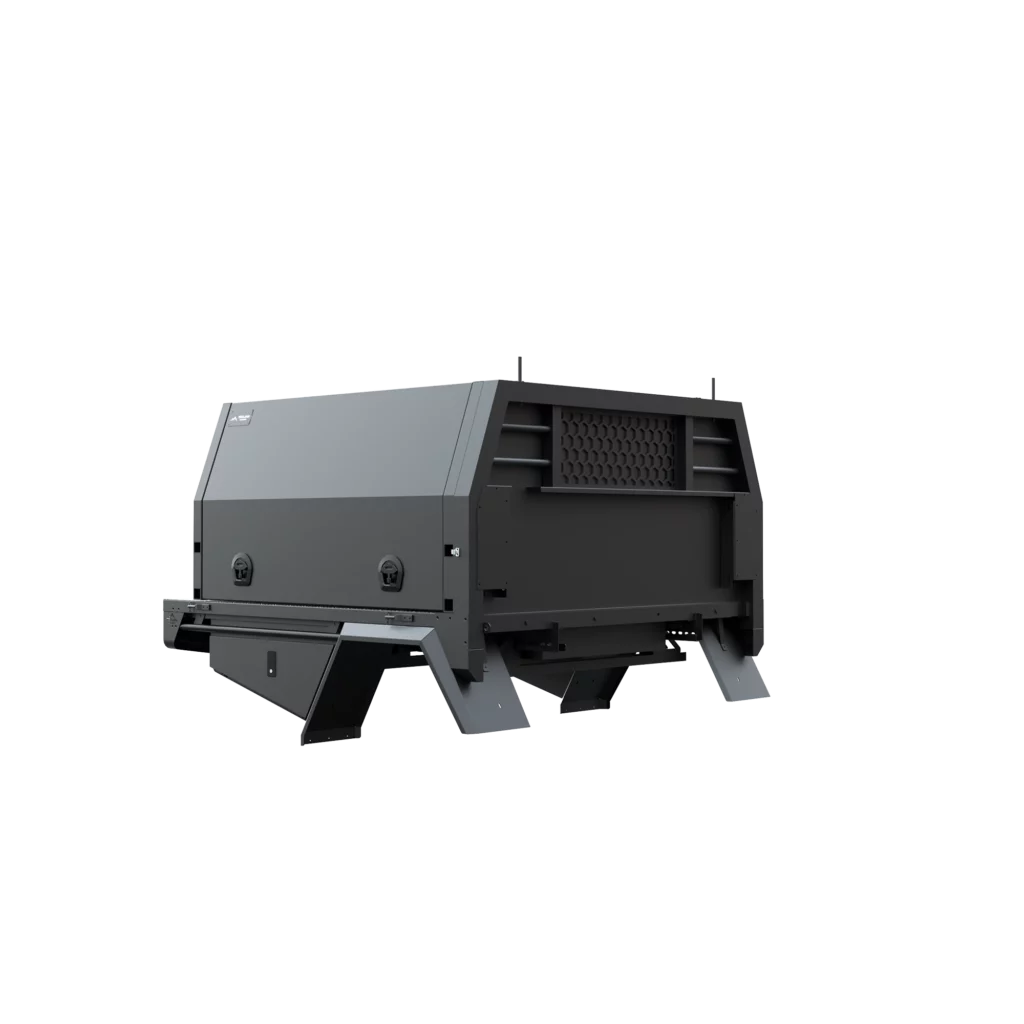 Trojan Canopies 1600mm canopy drivers side with doors closed, front view.