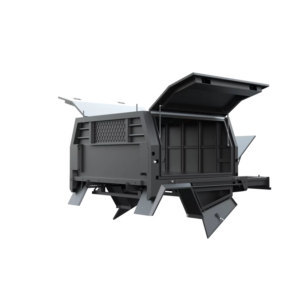 Trojan Canopies 1600mm canopy passenger side with doors open, front view.