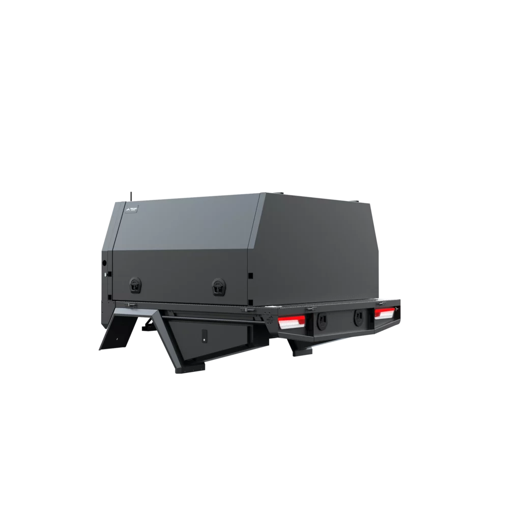 Trojan Canopies 1600mm canopy passenger side with doors closed, rear view.