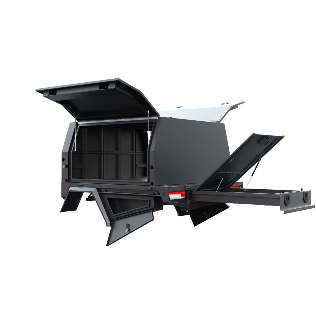 Trojan Canopies 1600mm canopy passenger side with doors open, rear view.