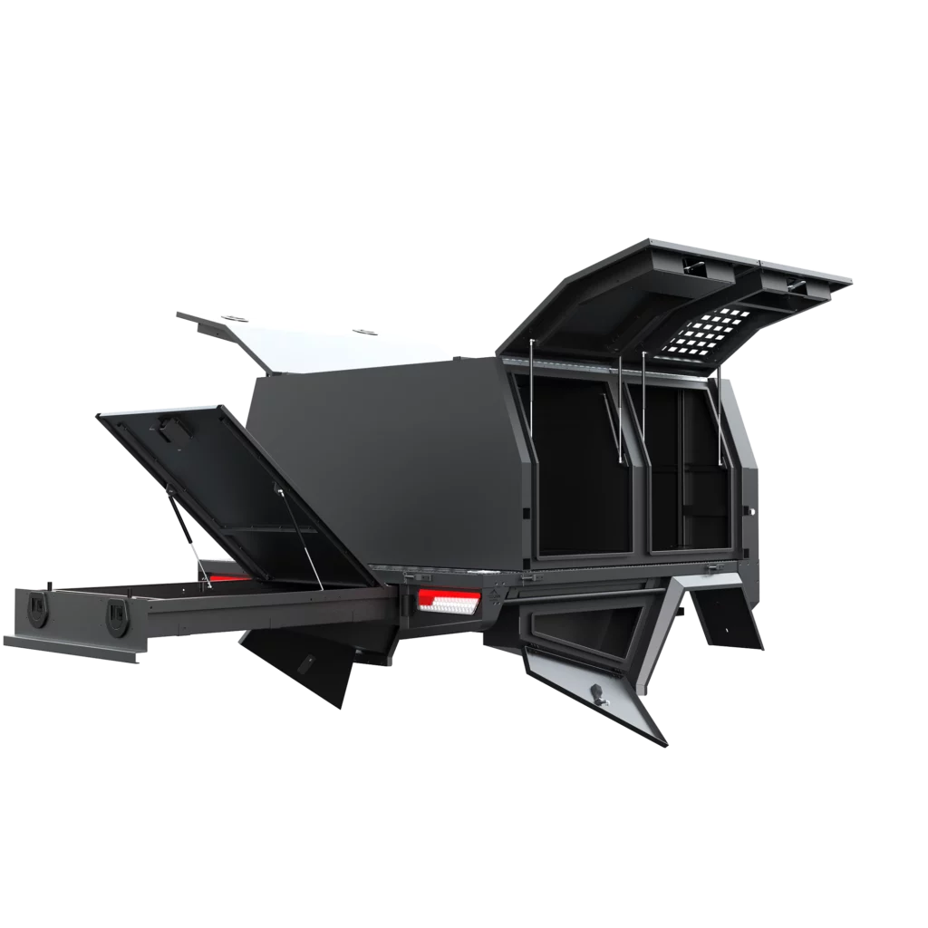 Trojan Canopies 1600mm aluminium dog box canopy drivers side with doors open.