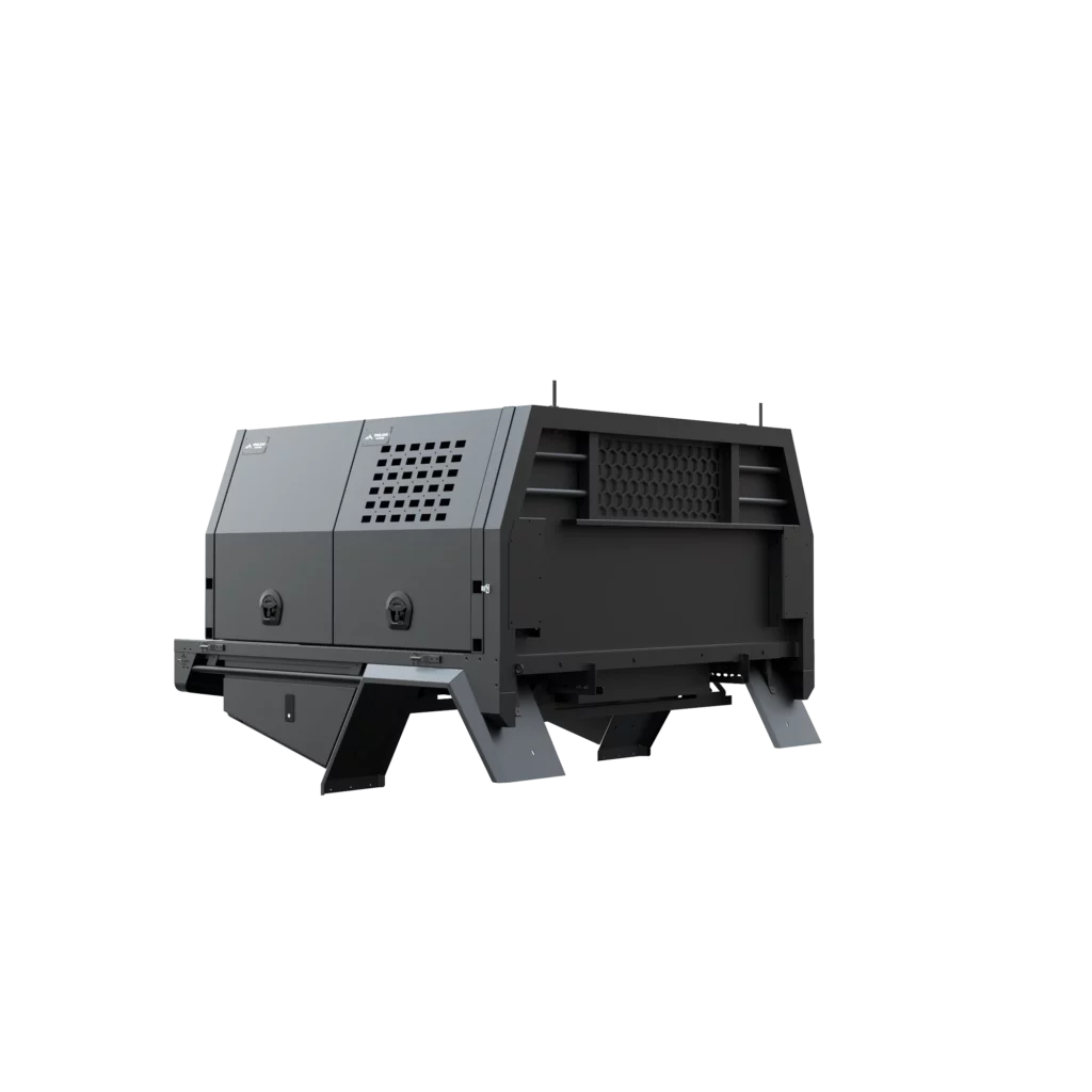 Trojan Canopies 1600mm aluminium dog box canopy drivers side with doors closed, front view.