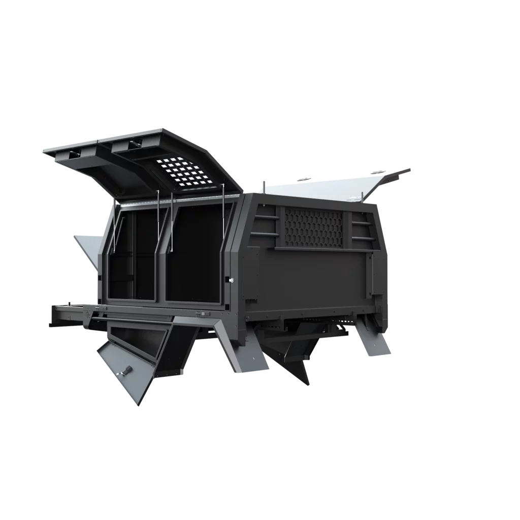 Trojan Canopies 1600mm aluminium dog box canopy drivers side with doors open, front view.