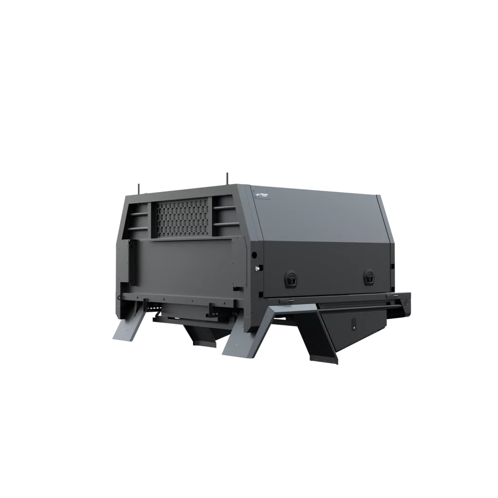 Trojan Canopies 1600mm aluminium dog box canopy drivers side with doors closed, front view.