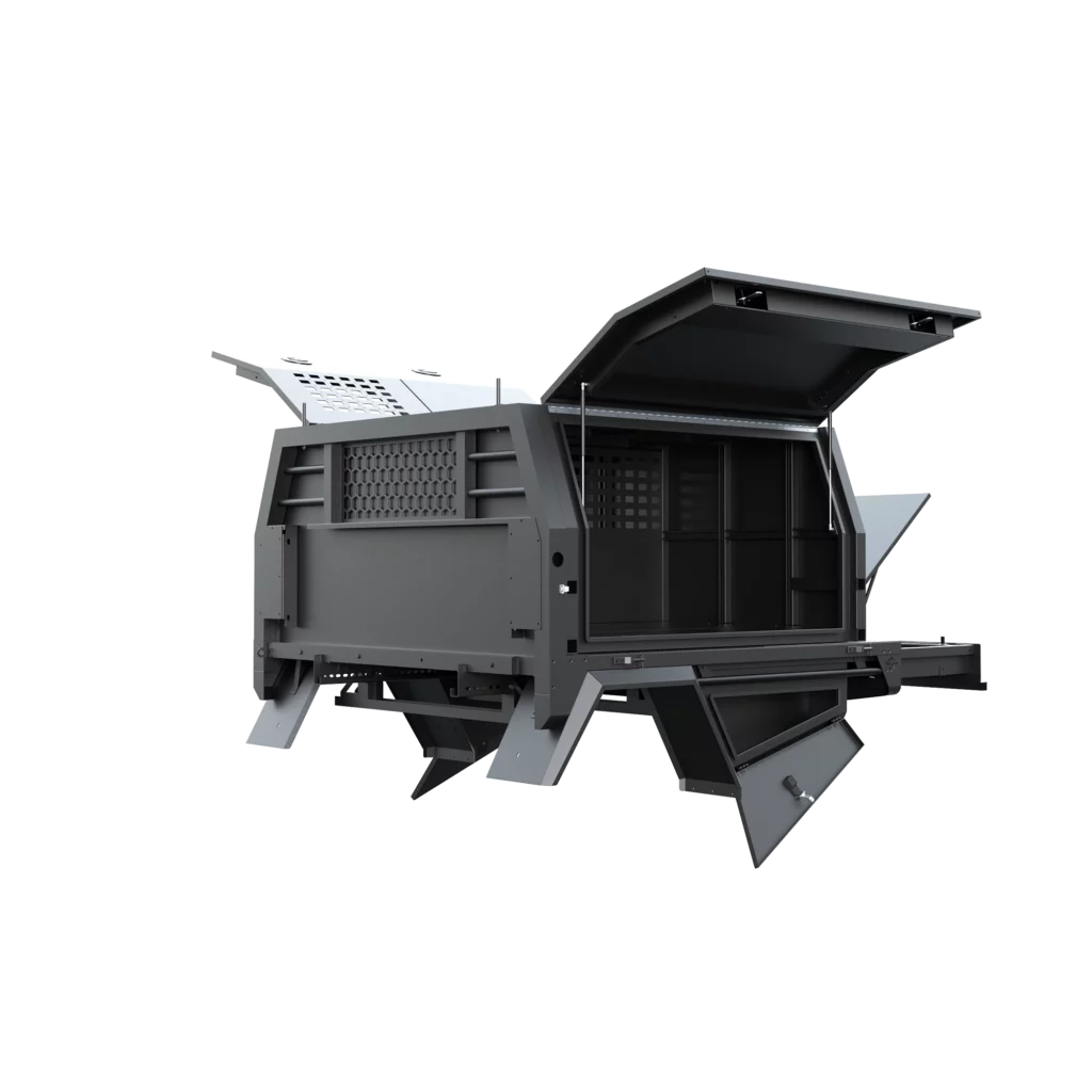 Trojan Canopies 1600mm aluminium dog box canopy drivers side with doors open, front view.