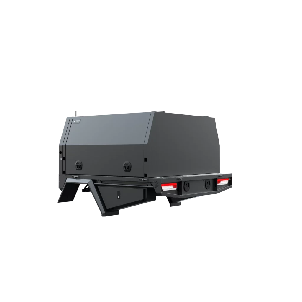 Trojan Canopies 1600mm aluminium dog box canopy drivers side with doors closed, rear view.