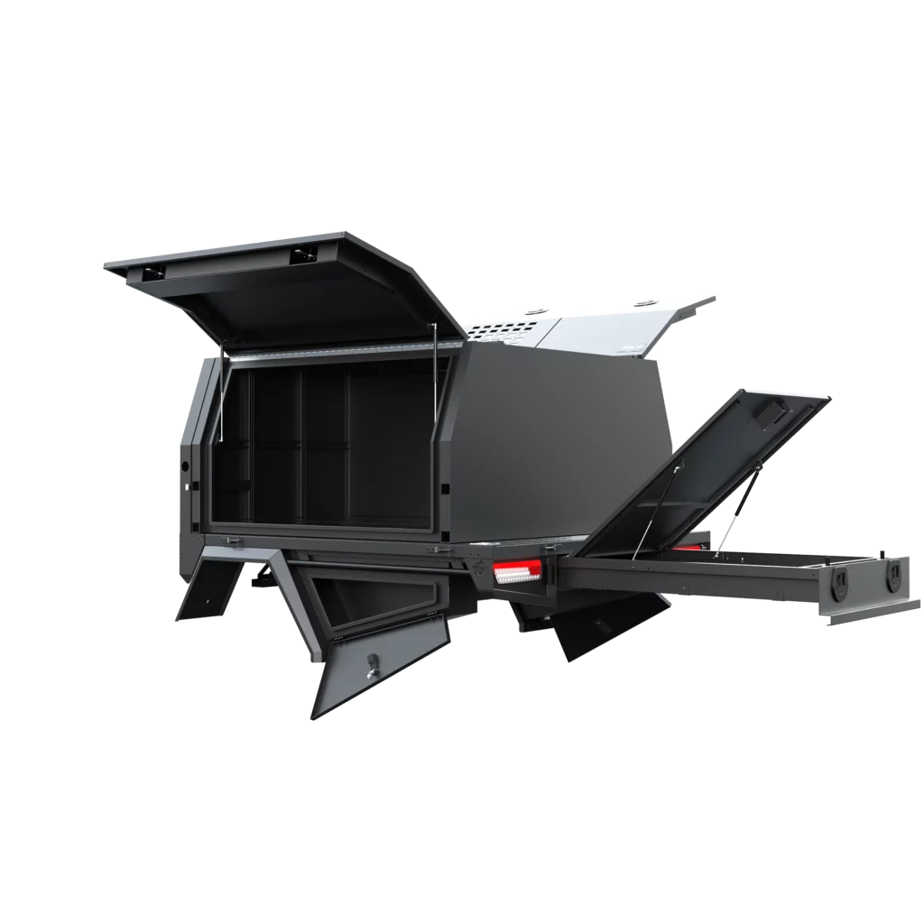 Trojan Canopies 1600mm aluminium dog box canopy drivers side with doors open, rear view.