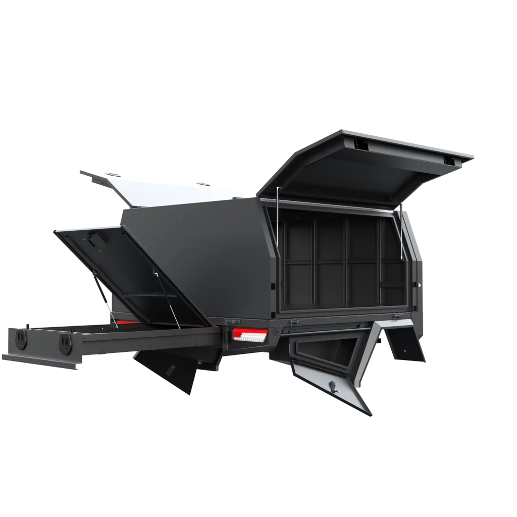 Trojan Canopies 1800mm aluminium canopy, drivers side with doors open, rear view.
