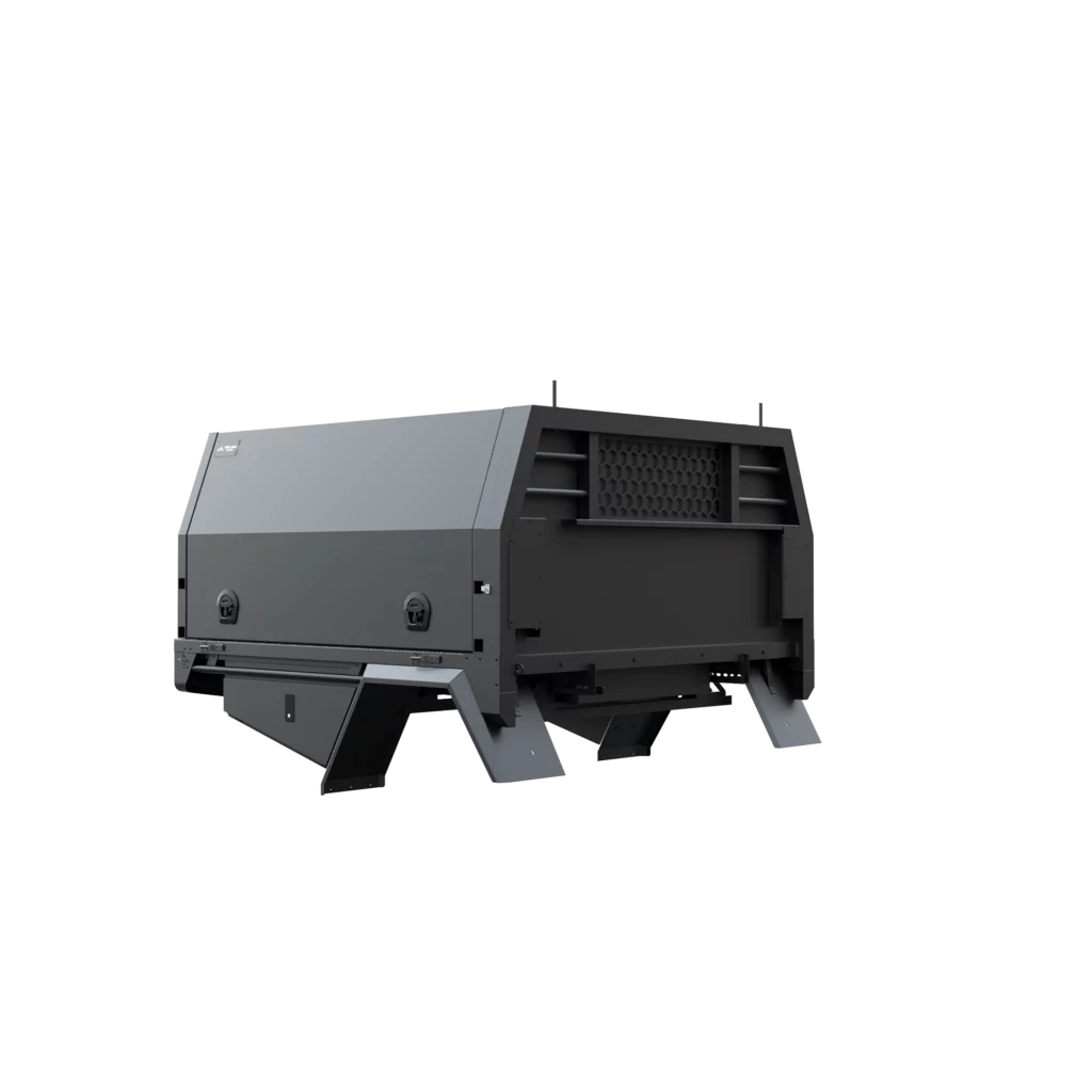 Trojan Canopies 1800mm aluminium canopy, drivers side with doors closed, front view.