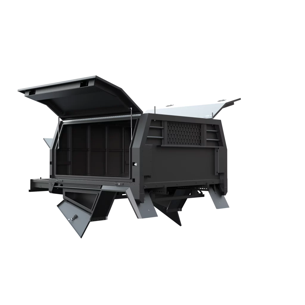 Trojan Canopies 1800mm aluminium canopy, drivers side with doors open, front view.