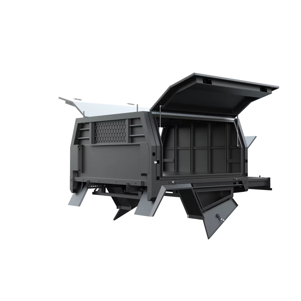 Trojan Canopies 1800mm aluminium canopy, passenger side with doors open, front view.