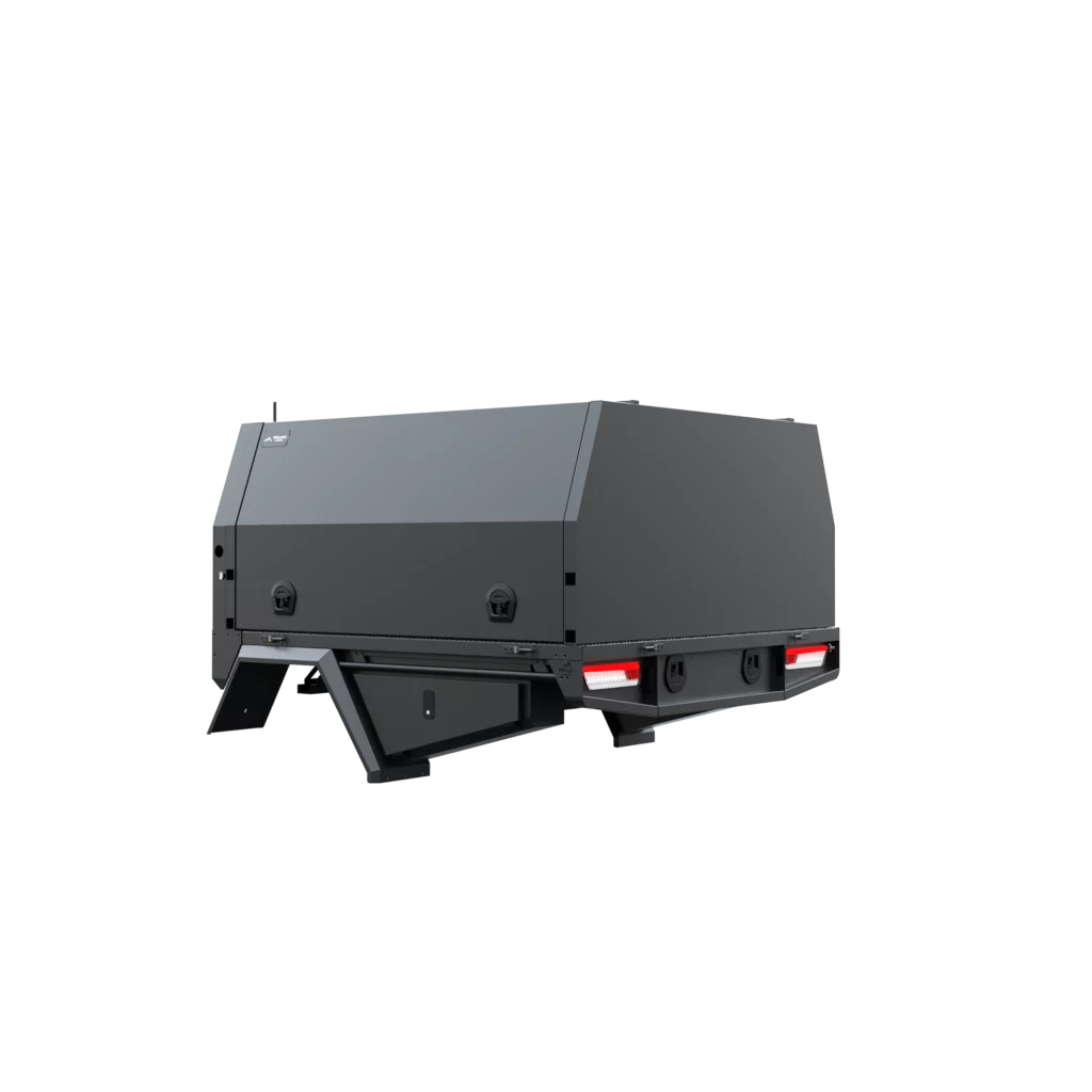 Trojan Canopies 1800mm aluminium canopy, passenger side with doors closed, rear view.