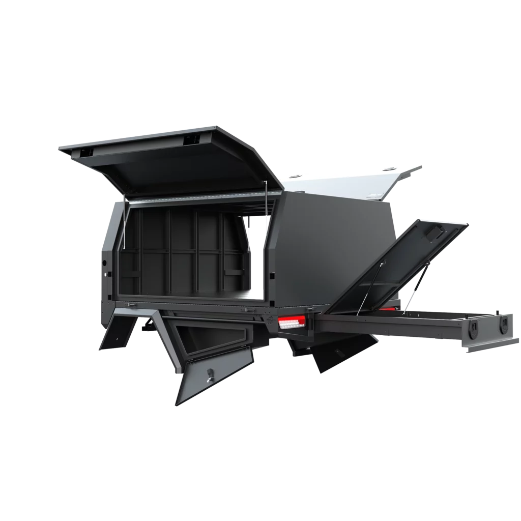 Trojan Canopies 1800mm aluminium canopy, passenger side with doors open, rear view.