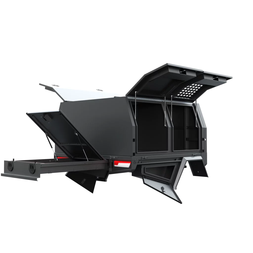Trojan Canopies 1800mm dog box canopy drivers side open from rear