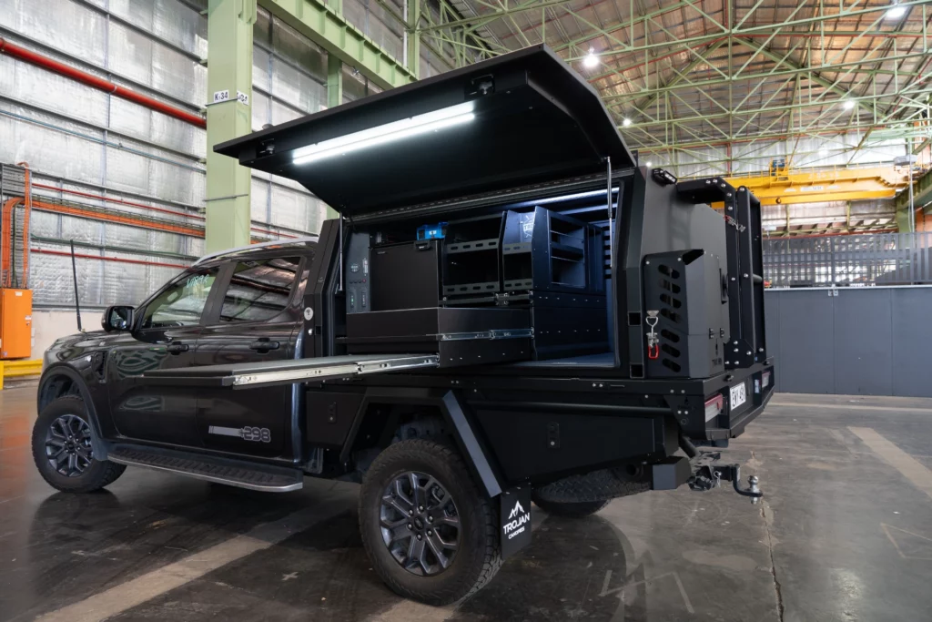 Ford Ranger with extended chassis 2000mm tray and 1800mm canopy with slide out draw and bench