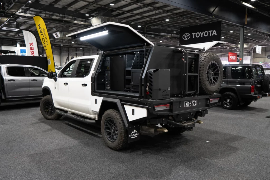 White Silverado ZR2 with Alloy Tray and Canopy open