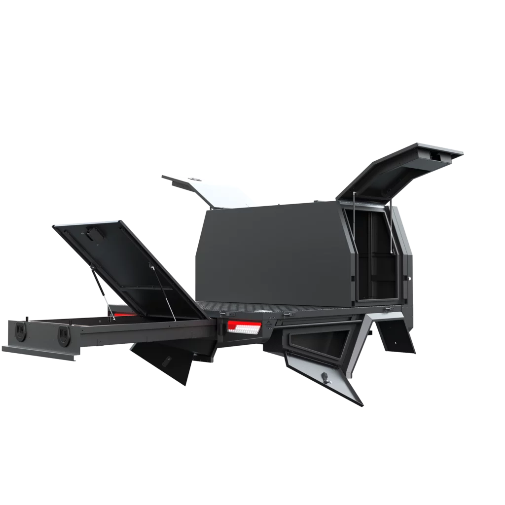 Trojan Canopies 800mm aluminium canopy, drivers side with doors open, rear view.
