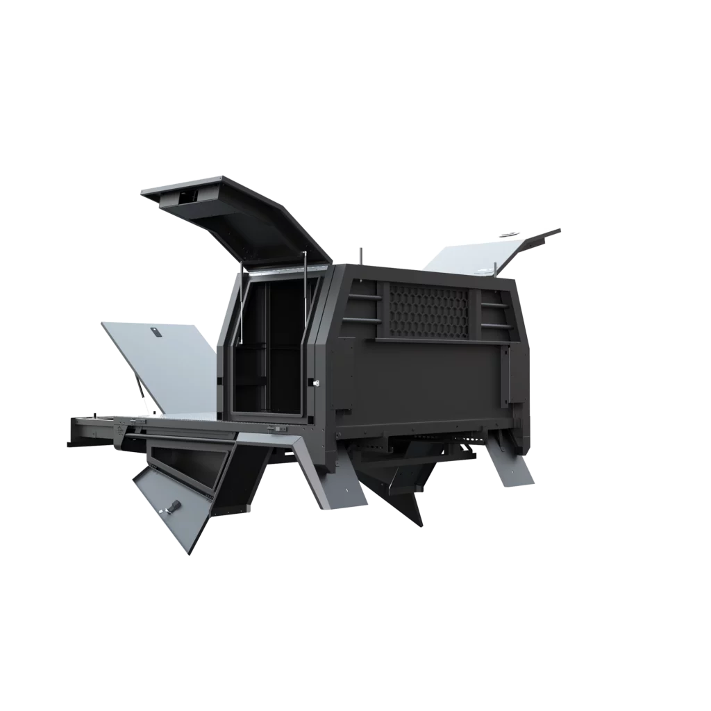 Trojan Canopies 800mm aluminium canopy, drivers side with doors open, front view.