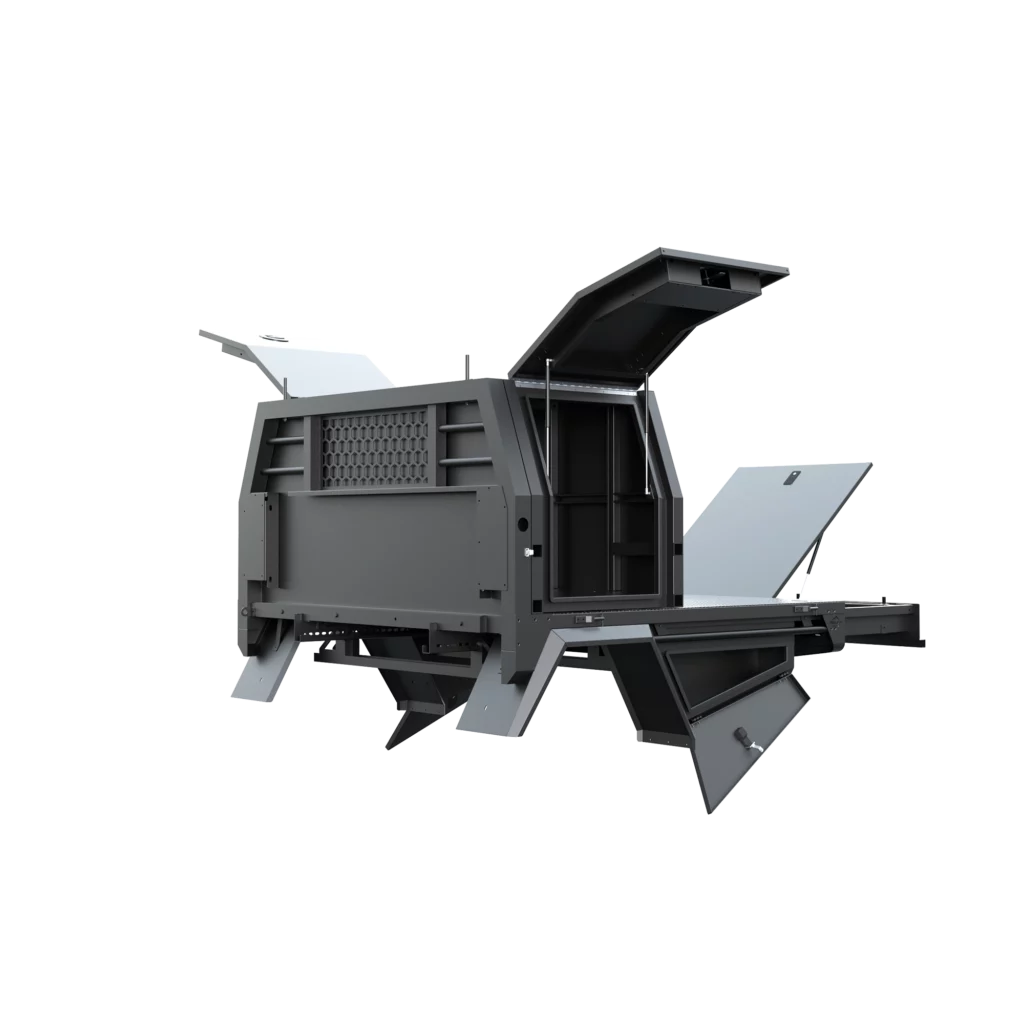 Trojan Canopies 800mm aluminium canopy, passenger side with doors open, front view.