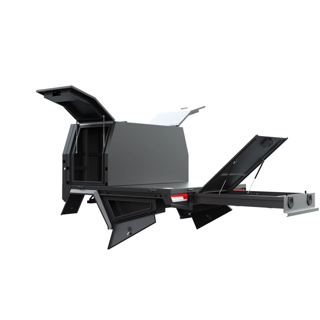 Trojan Canopies 800mm aluminium canopy, passenger side with doors open, rear view.