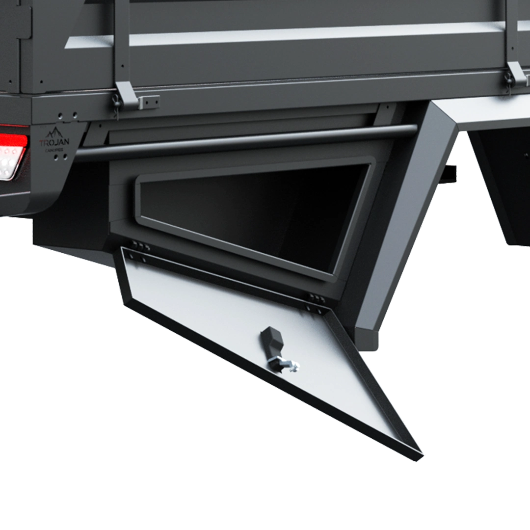 Open under tray toolbox on a Trojan Canopies alloy tray